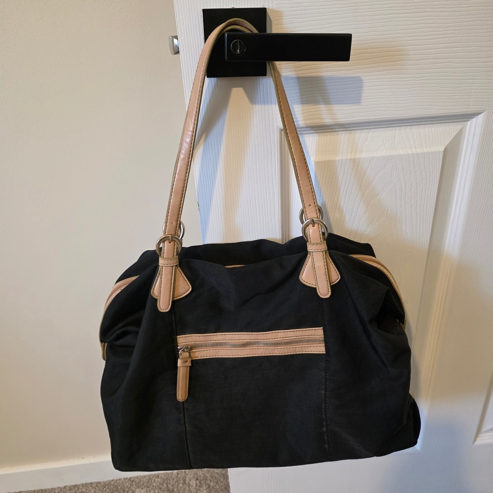 Banana Republic Tote Bag Women Large Black Nylon Tan Trim Classic Preppy Utility
